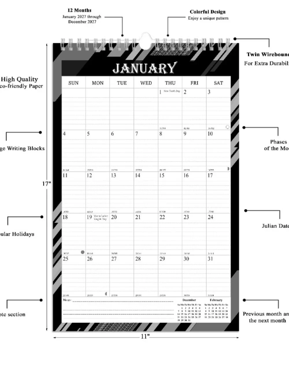 2027 Wall Calendar Spiral-bound Twin-Wire Binding - 12 Months 11